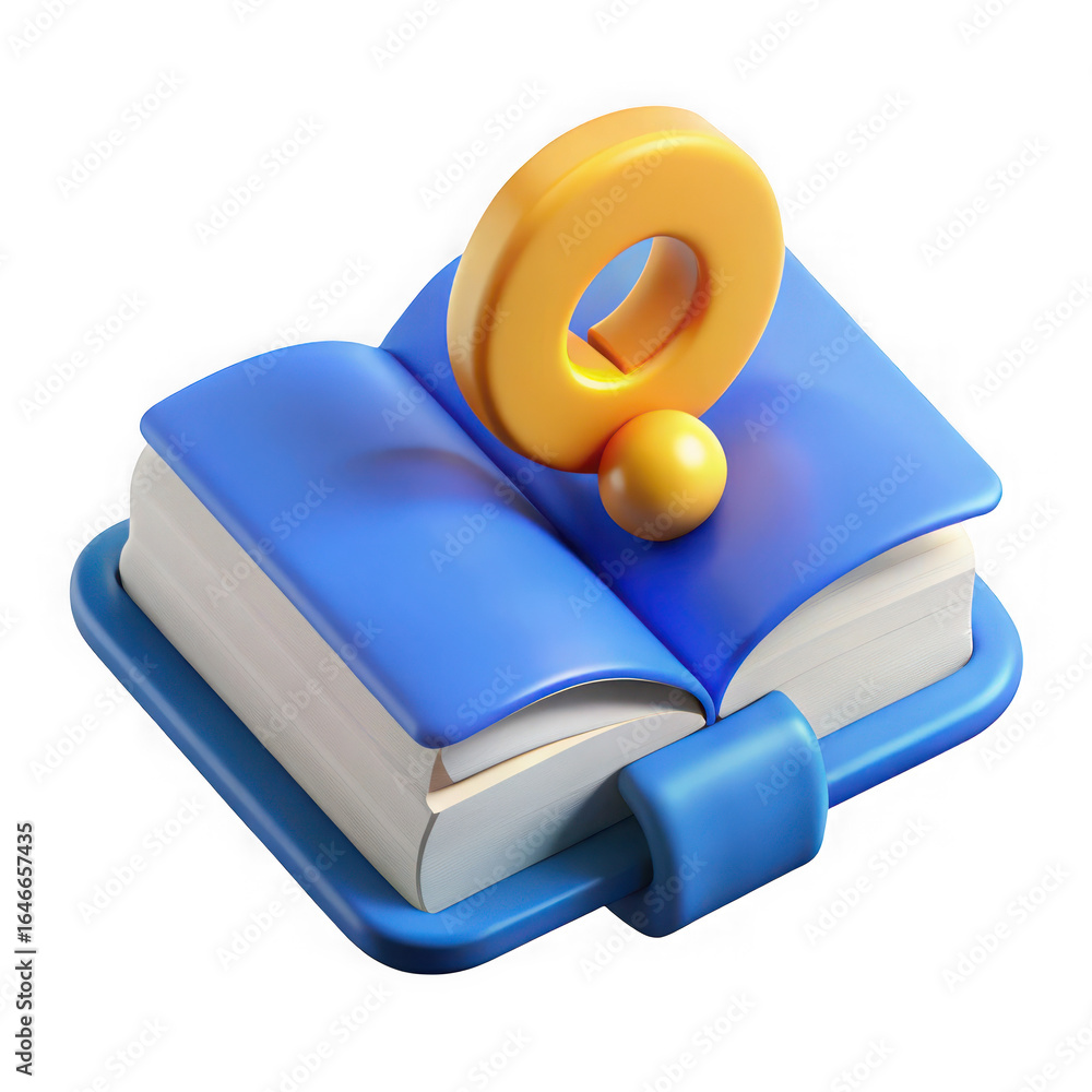 Poster 3d open book icon with question mark and ball reading knowledge isolated on a transparent background