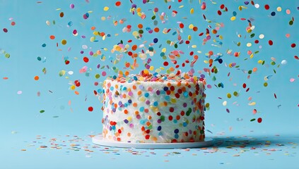 A frosted cake, adorned with colorful sprinkles, sits on a light blue surface. Multicolored confetti rains down around it, creating a celebratory scene
