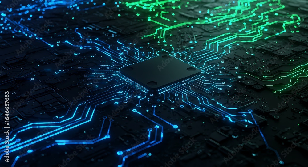 Fototapete a futuristic motherboard with a glowing central processing unit and integrated circuits representing