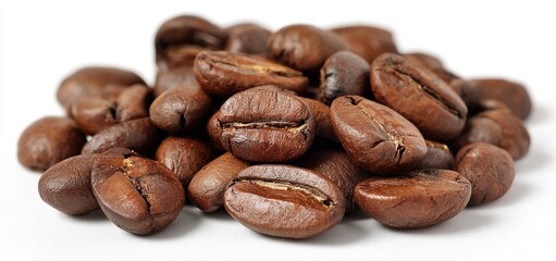 Obraz premium Roasted coffee beans piled high on white background