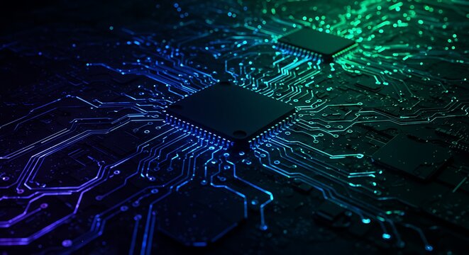 High-Tech Circuit Board Close-Up of Microprocessors and Complex Electronics