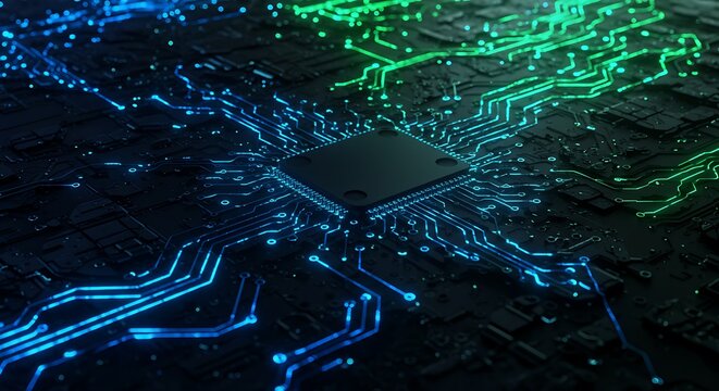 A futuristic motherboard with a glowing central processing unit and integrated circuits representing advanced technology and big data processing.