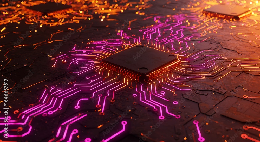 Poster abstract macro photography of a computer processor and circuit board - modern technology concept