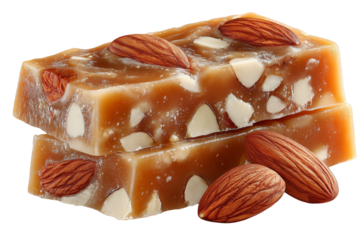Almond toffee in rectangular shape with slightly melted edges softening into round, smooth contours. A few whole almonds are embedded inside toffee 