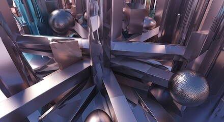Abstract geometric structure with metallic spheres creating a futuristic scene
