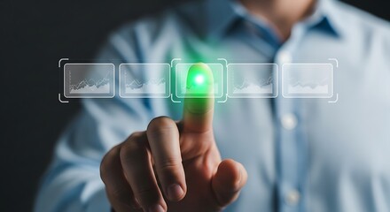 Businessman touching a futuristic interface with financial data analysis