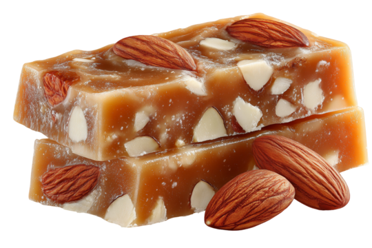 Almond toffee in rectangular shape with slightly melted edges softening into round, smooth contours. A few whole almonds are embedded inside toffee 