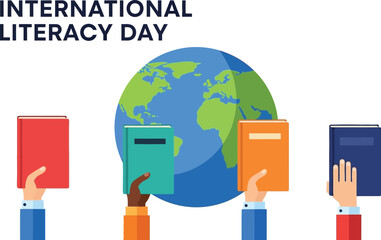 Hands holding books in front of a globe for literacy day promotion
