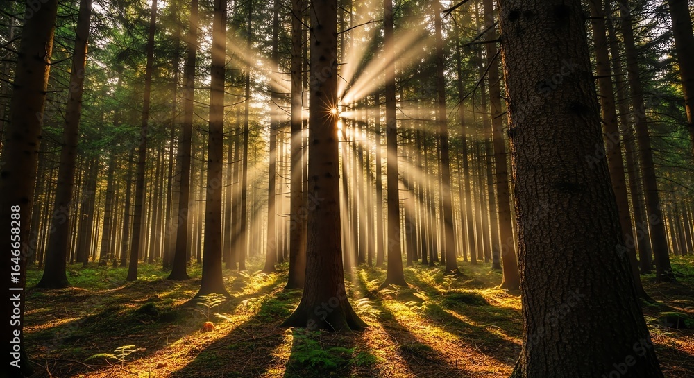 Poster sunlight streams through tall pine trees in a forest