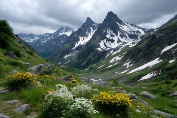 A mountain valley in spring, with wildflowers blooming among green meadows and snow still clinging to the high peaks.