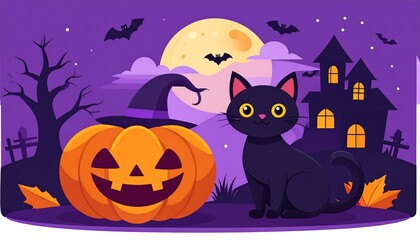 Spooky Halloween night with a black cat, jack-o'-lantern, haunted house, and full moon.