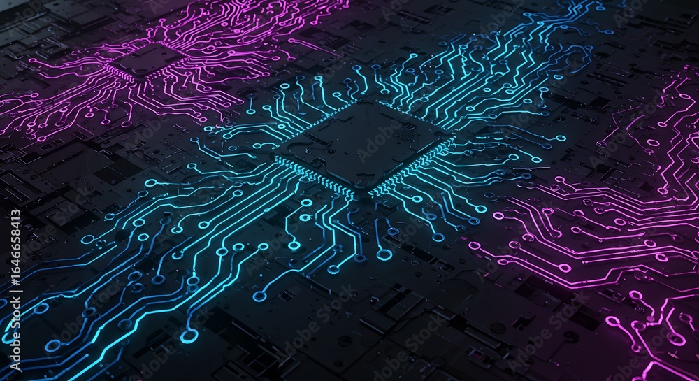 Fototapete vibrant microchip at the heart of a luminous digital network, illustrating advanced artificial intel