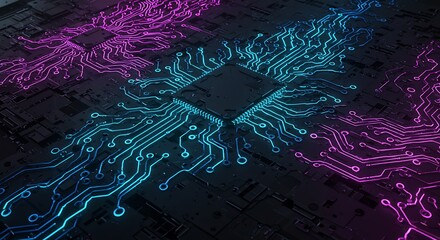 Vibrant microchip at the heart of a luminous digital network, illustrating advanced artificial intelligence, data flow, and the future of interconnected computing.