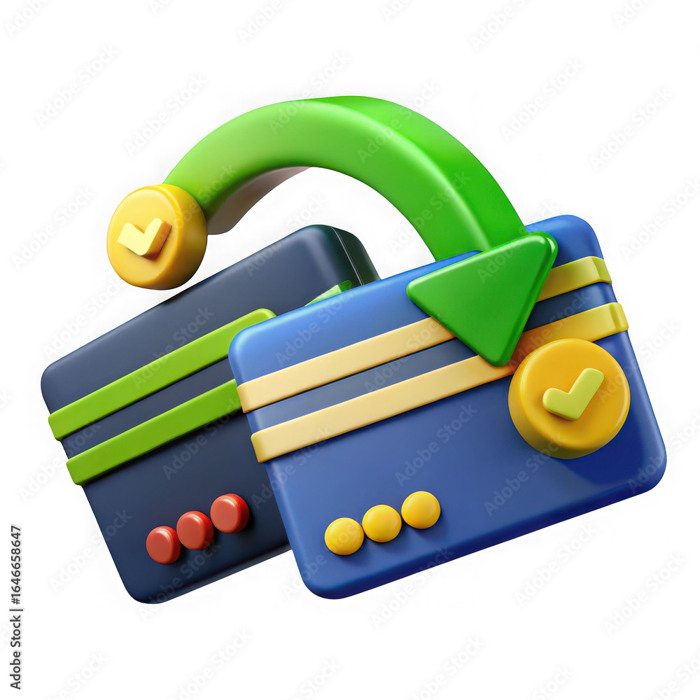Poster 3d render of two credit cards with green arrow and checkmark debit card payment isolated on a transp