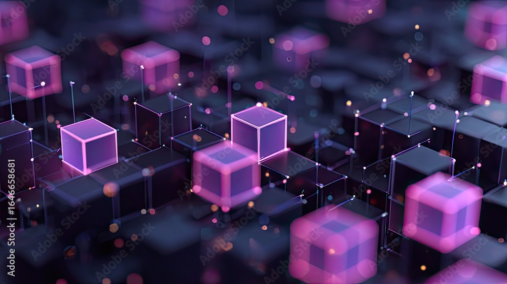 Poster futuristic purple cubes floating above dark geometric surface, modern technology visualization, data