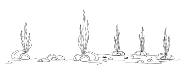 Monochrome drawing featuring seaweed sprouting among rocks on the ocean floor. Vector Illustration