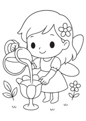 Coloring book page of a fairy pouring juice into a glass, smiling, kawaii style