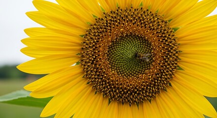 Fototapeta premium A vibrant sunflower close-up featuring a bee, showcasing nature's beauty and pollination process