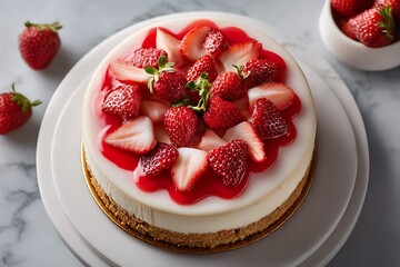 A mouthwatering strawberry cheesecake dessert served in a bakery, captured in a top view for all-occasion culinary delight.