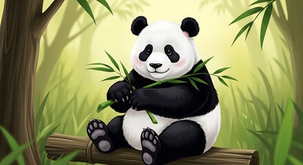 Cartoon panda bear sitting on a log in the forest eating bamboo in the wild