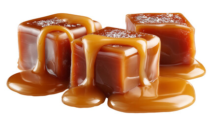 Caramel candies with caramel sauce isolated on white background