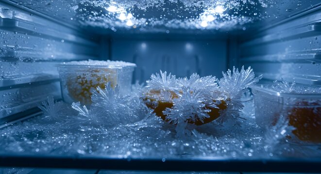 Macro shot of stunning ice crystals and frost in a chilly home freezer interior.