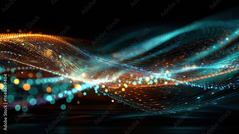 Poster stunning abstract network design with flowing teal and gold lines, perfect for modern technology or 