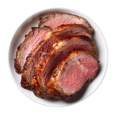ceramic white plate, sliced inside round beef roast, top view, food photography, studio light, photorealistic, sharp focus
