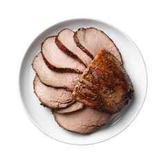 ceramic white plate, sliced inside round beef roast, top view, food photography, studio light, photorealistic, sharp focus on transparent background