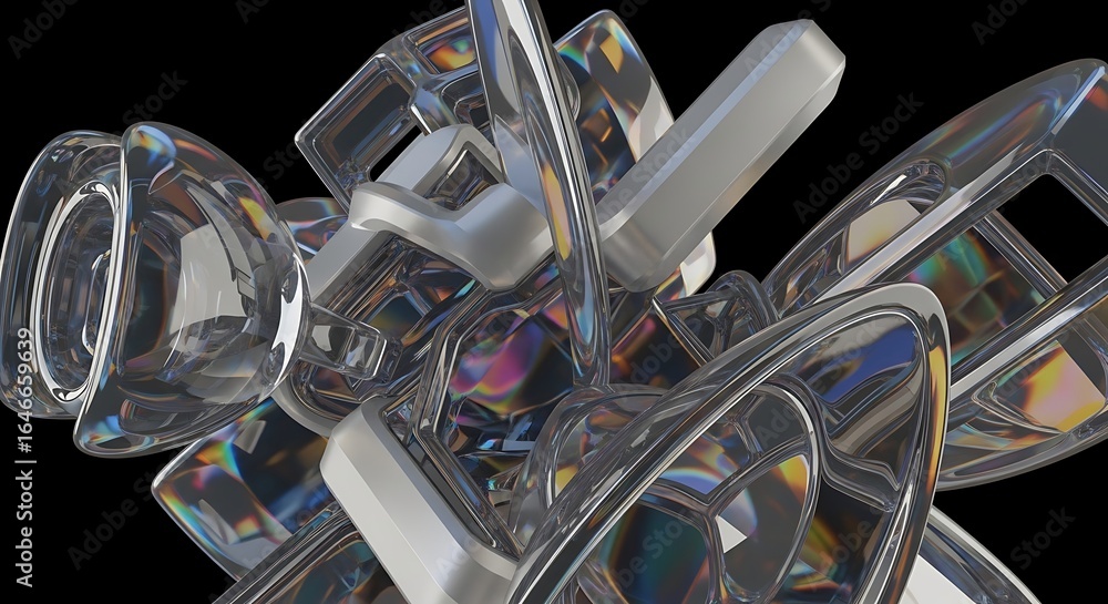 Poster abstract metallic structure with iridescent reflections on a black background