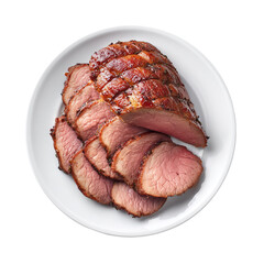 ceramic white plate, sliced inside round beef roast, top view, food photography, studio light, photorealistic, sharp focus