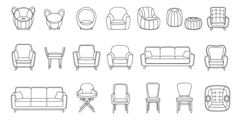 Set of furniture vector illustrations. Includes sofas, armchairs, and chairs in outline style. Home decor collection.