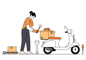 A female mechanic services a scooter with tools. Clean, modern illustration. Ideal for tech, transportation, and service themes.
