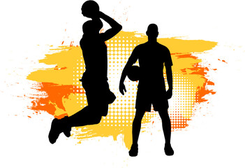 basketball men silhouette black shape with orange yellow brush painting banner sign symbol graphic