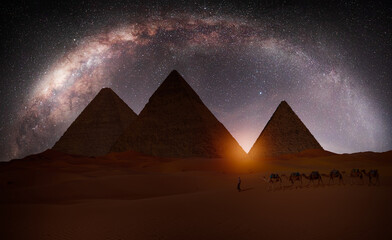 The Milky Way rises over the Pyramids in Giza, Egypt