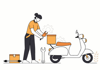 A female mechanic services a scooter with tools. Clean, modern illustration. Ideal for tech, transportation, and service themes.
