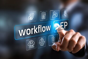Businessperson's finger presses a button labeled "Workflow EP" on a digital interface with various business icons