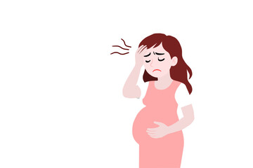 pregnancy woman with health problem such as headache, backache, she is on the white background. 

