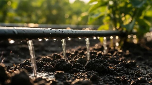 Drip Irrigation System: Watering Plants in a Field, Sustainable Agriculture