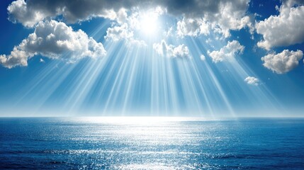 Sunbeams pierce a vast, tranquil ocean beneath a partly cloudy sky