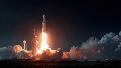 A powerful rocket launches at night, fiery exhaust illuminating low clouds and a dark sky.  The launchpad and surrounding landscape are partially visible