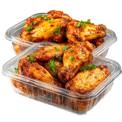 Chicken wings in plastic containers, isolated on a white background, cutout. PNG file with no shadow and high resolution