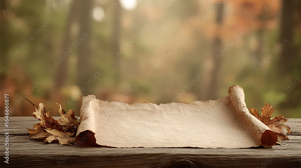 Aufkleber a weathered parchment scroll rests on a rustic wooden surface surrounded by fallen autumn leaves wit