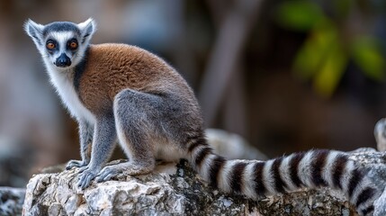 Close-up of a curious ring-tailed lemur sitting on a rock in natural light.