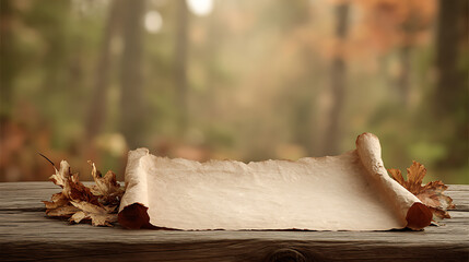 A weathered parchment scroll rests on a rustic wooden surface surrounded by fallen autumn leaves with a soft focus forest background