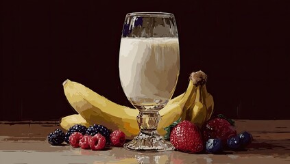 Creamy smoothie in a footed glass, flanked by ripe bananas and a medley of mixed berries on a dark wooden surface, rendered in a pixel art style