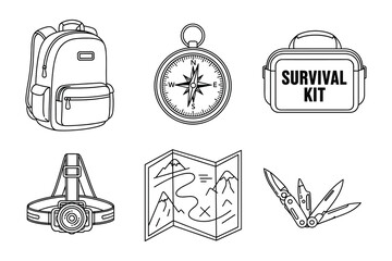 Survival kit, includes backpack, compass, survival kit box, map, headlamp, and a pocket knife - Vector Illustration.