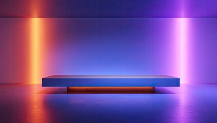 A minimalist scene features a rectangular platform illuminated by vibrant orange and purple neon lights casting reflections on a glossy floor
