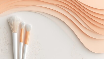 Two makeup brushes rest on a white surface, beside an abstract peach-toned layered paper wave design with subtle speckles