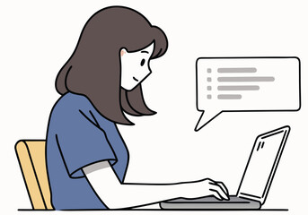A young woman works on a laptop, a speech bubble displaying text. Modern, clean illustration style. Focus on productivity and digital communication.
